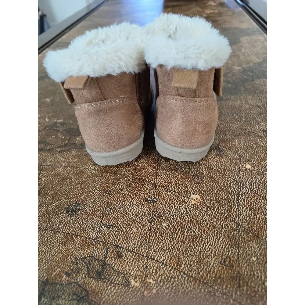 Baby Faux Suede Bootie Boots Faux Fur Lined Trim Bow Slip On Brown/White 5